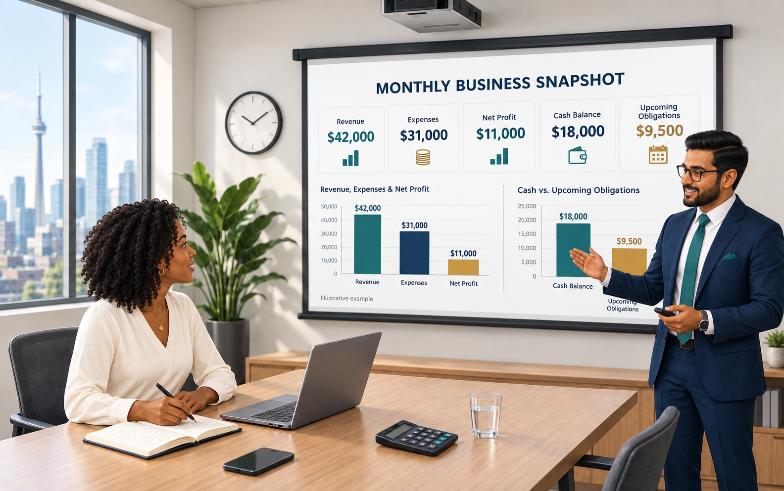 A financial adviser explaining an illustrative monthly business snapshot with revenue, expenses, profit, cash and upcoming obligations