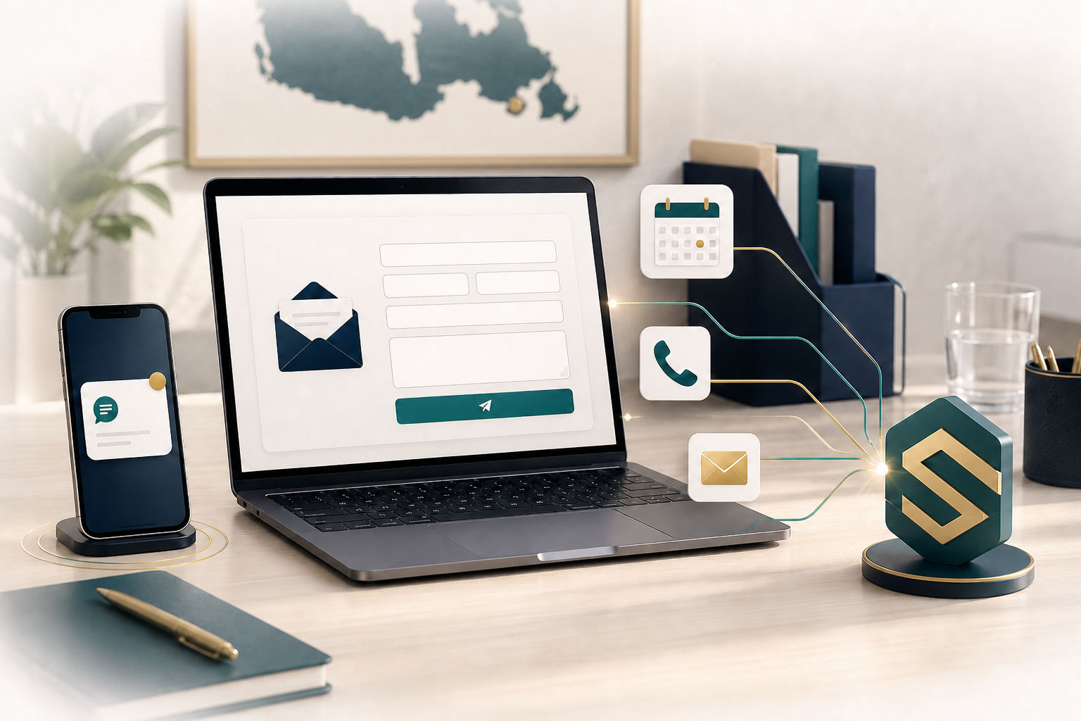 Digital contact form with email, phone and appointment options connected to Simplide, with a Canadian map in the office background