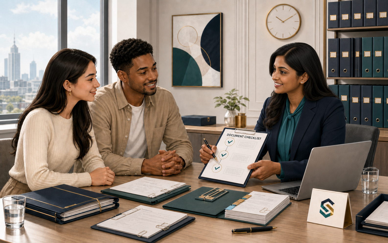 A Simplide adviser guiding a couple through an organized immigration document checklist